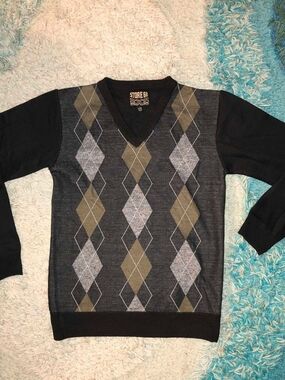 Store 68 Boys V-Neck Argyle Pullover Sweater 16/18 Black Gray Tan Knit